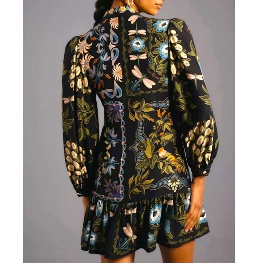 NEW FARM Rio Black Winter Garden Mini Dress Floral Birds Dragonfly Size M - Picture 2 of 7